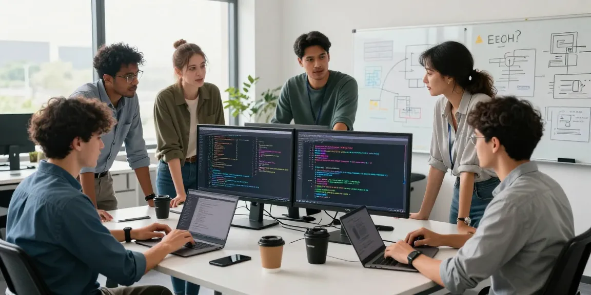 Collaboration in telegraimin.com tech workspace showcasing software developers innovating with modern tools
