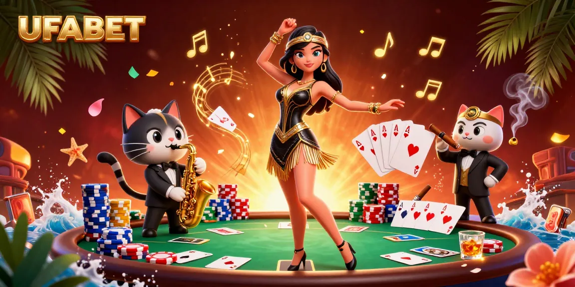 Experience the vibrant atmosphere of UFABET with a lively illustration showcasing casino elements and characters celebrating.