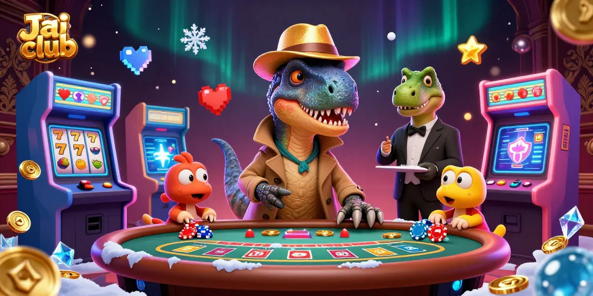 Play thrilling games at Jai club with 3D cartoon velociraptor and casino scenes.
