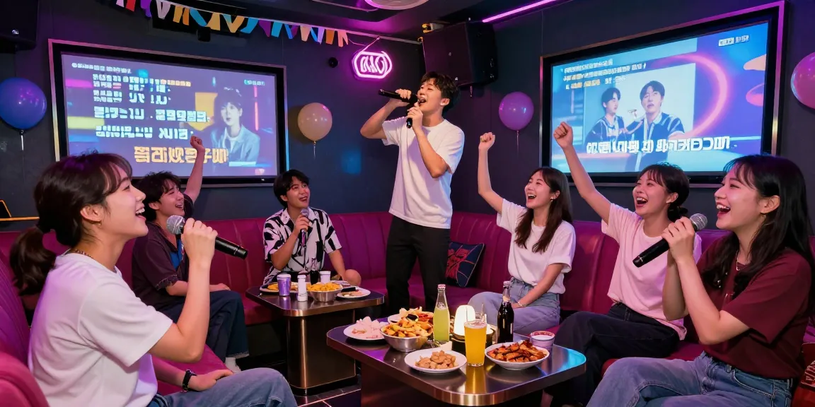 Thrilling 강남노래방 scene with friends singing and celebrating joyfully.