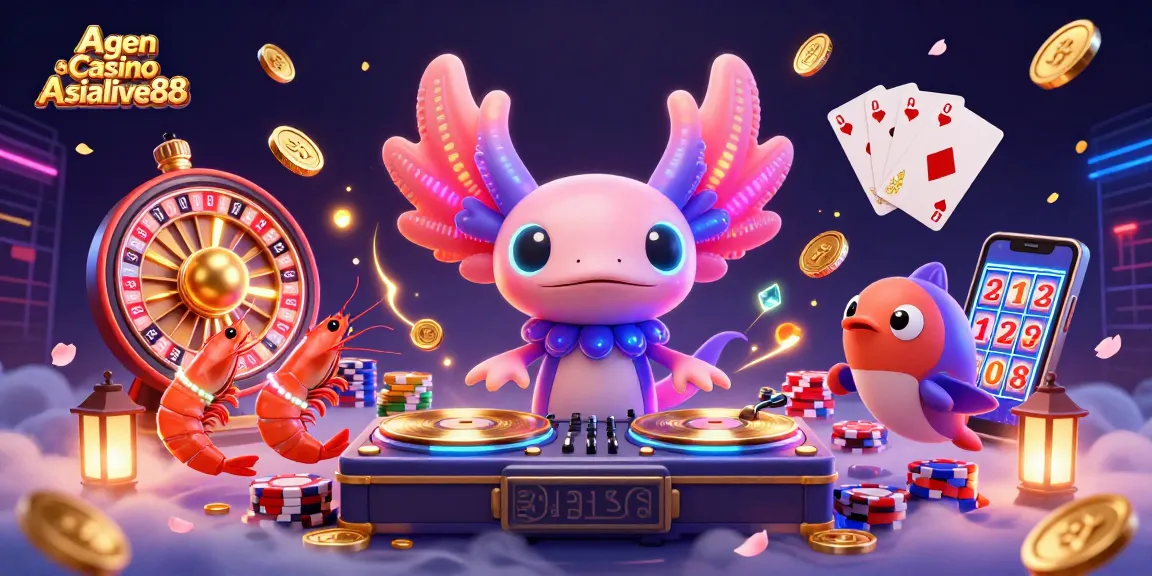 Agen Casino Asialive88 showcases an energetic 3D vibrant casino scene with a DJ axolotl, dancing shrimp, and golden game elements.