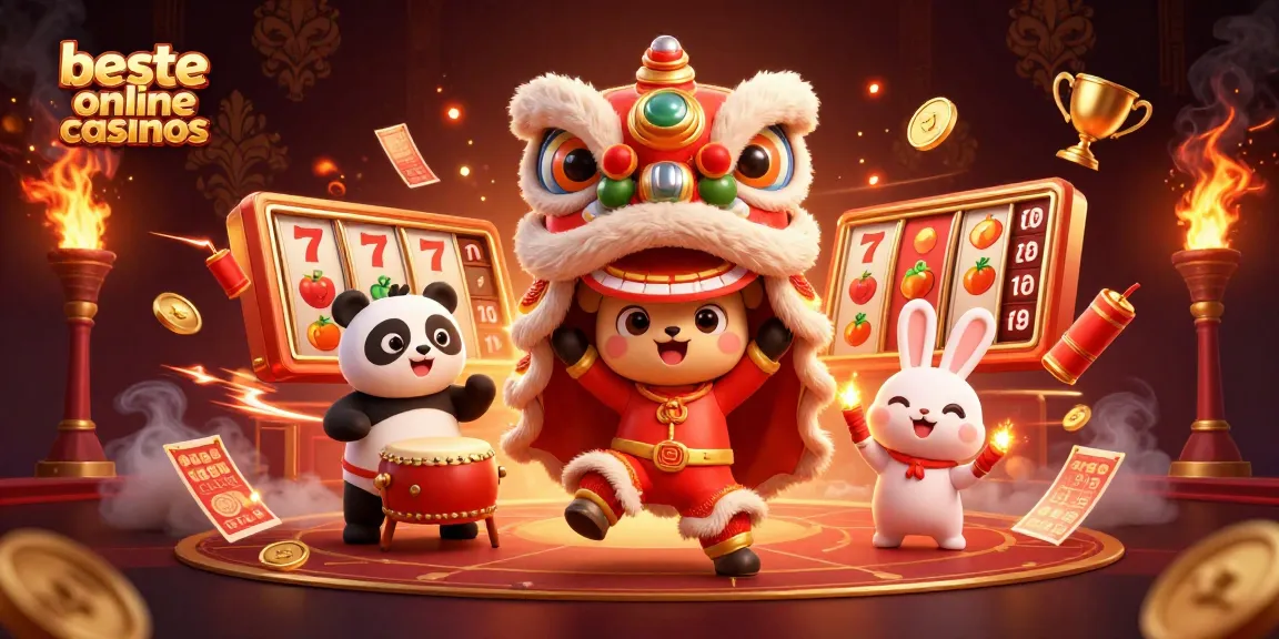 Experience the thrill at beste online casinos with a festive lion dance and vibrant casino elements.