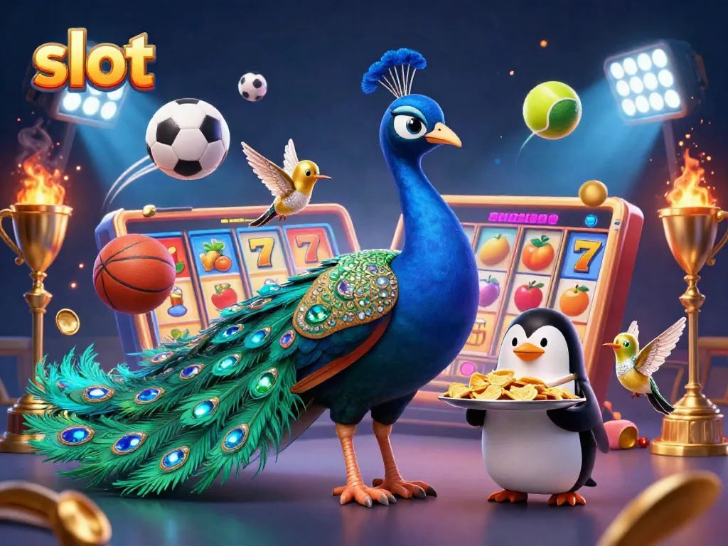 Engage your luck with vibrant slot reels by a majestic peacock in a lively casino setting.