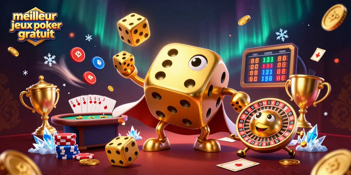 Jouez à meilleur jeux de poker gratuit avec des jetons et cartes colorées autour d'un personnage dynamique.