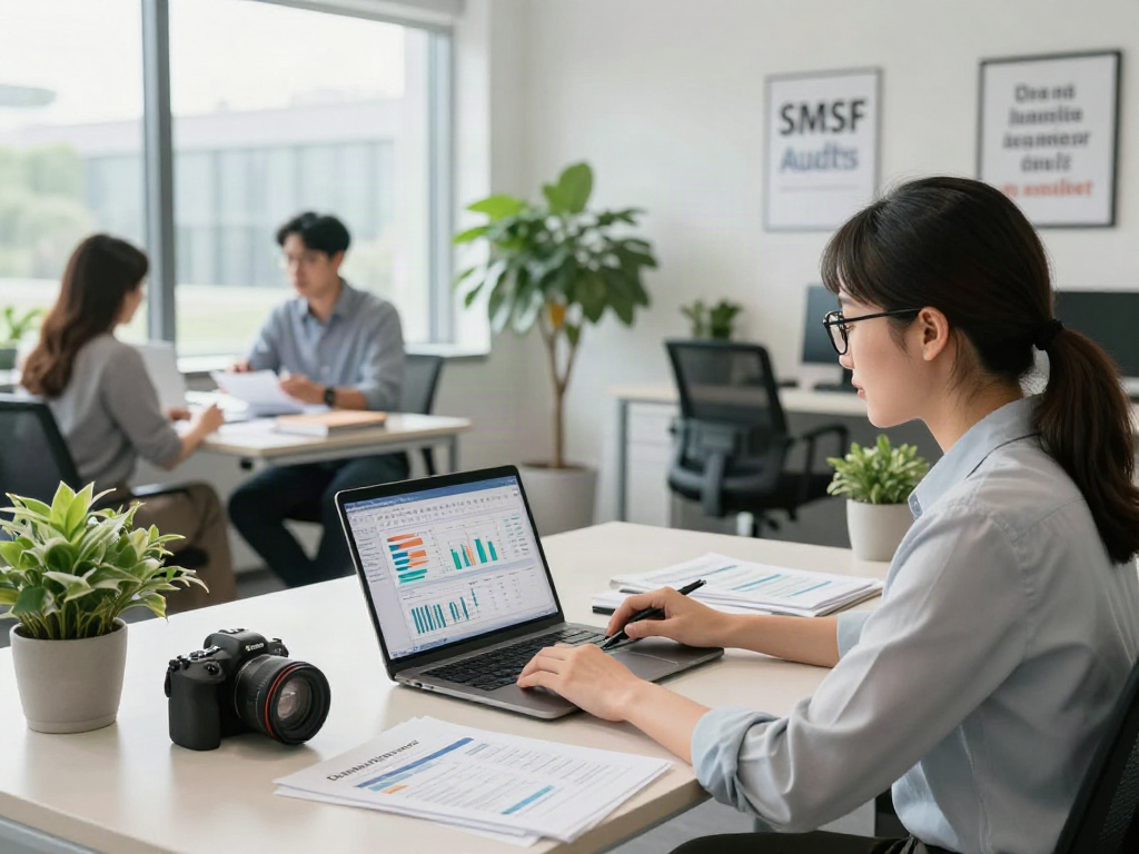Professional SMSF audit environment with auditor analyzing financial records and compliance data.