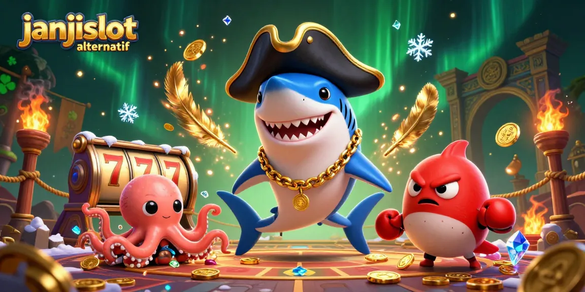 Engage with janjislot alternatif featuring a pirate shark, pufferfish, and octopus amidst dynamic casino elements.