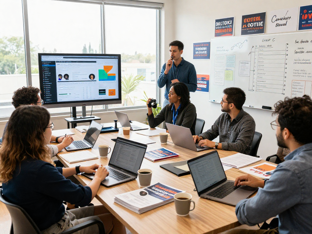 Political campaign team strategizing to suppress negative search results with data-driven insights in bright office.
