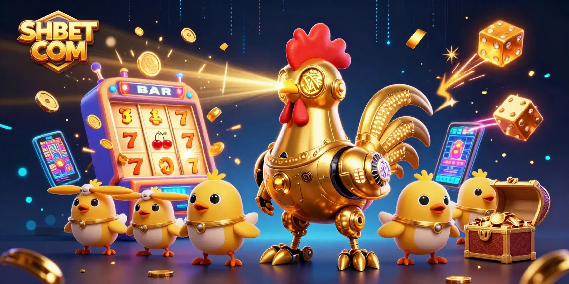 Engage in thrilling gameplay at SHBET COM with a stunning illustration of a golden rooster robot amidst vibrant casino elements.