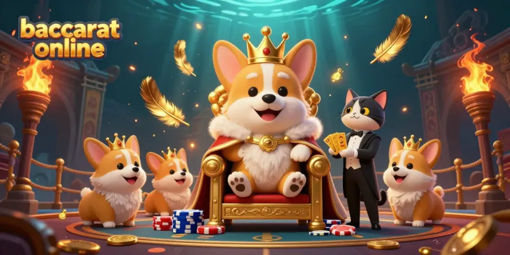 Experience baccarat online with a royal corgi on a poker chip throne, a cat butler, and dynamic game elements.