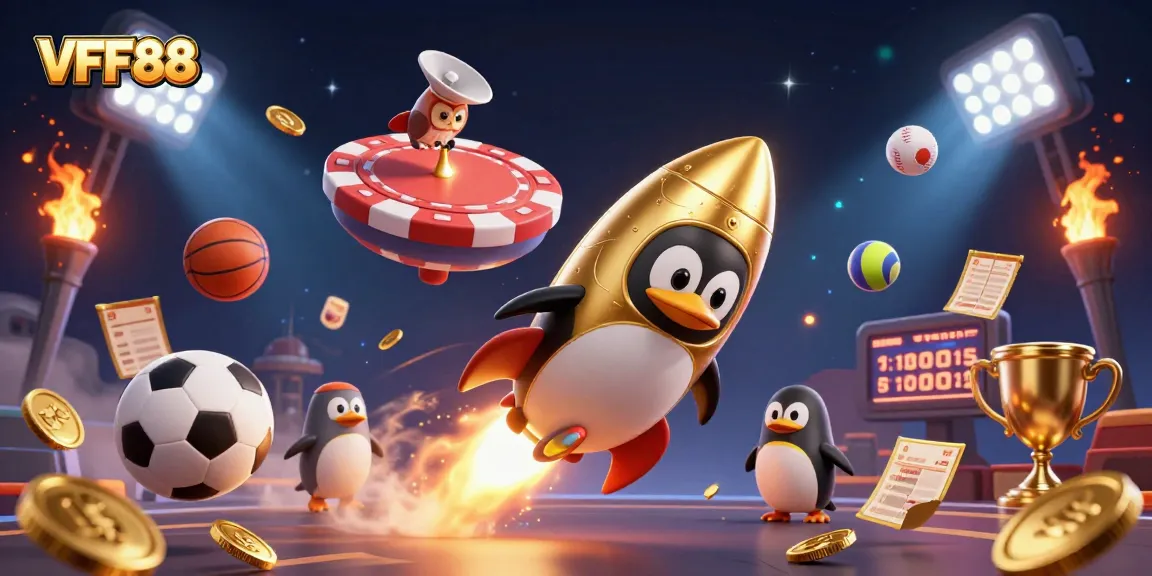 Experience VFF88's exciting gaming adventure as the golden penguin zooms to a casino space station.