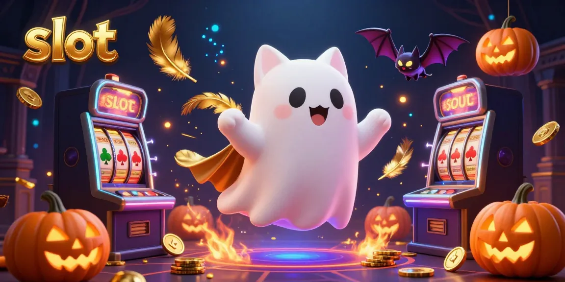 Spin the slot reels amidst a haunted casino with a ghost cat and vampire bat, enhancing your gaming experience.