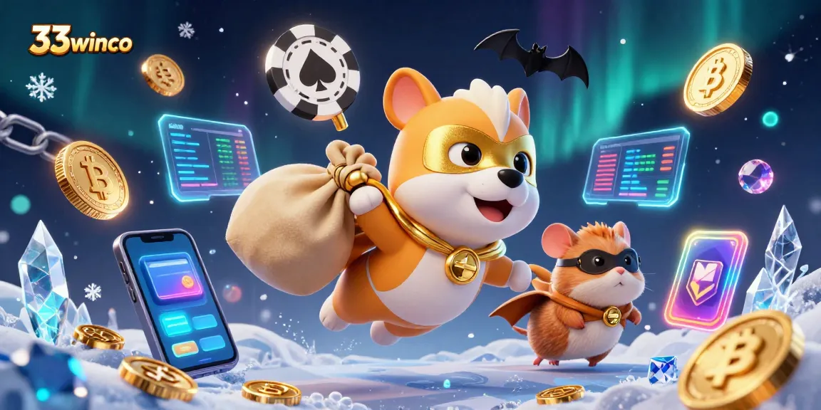 Experience the excitement at 33winco with vibrant 3D characters and casino elements surrounding them.