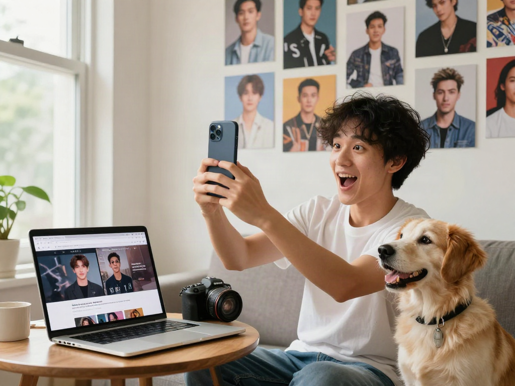 Person excitedly using a celebrity i look like app on their smartphone surrounded by celebrity photos in a cozy home.