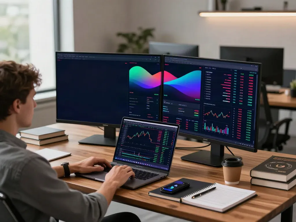 Real-time cryptocurrency trading setup showcasing 程序化交易数据源 on multiple monitors in a professional environment