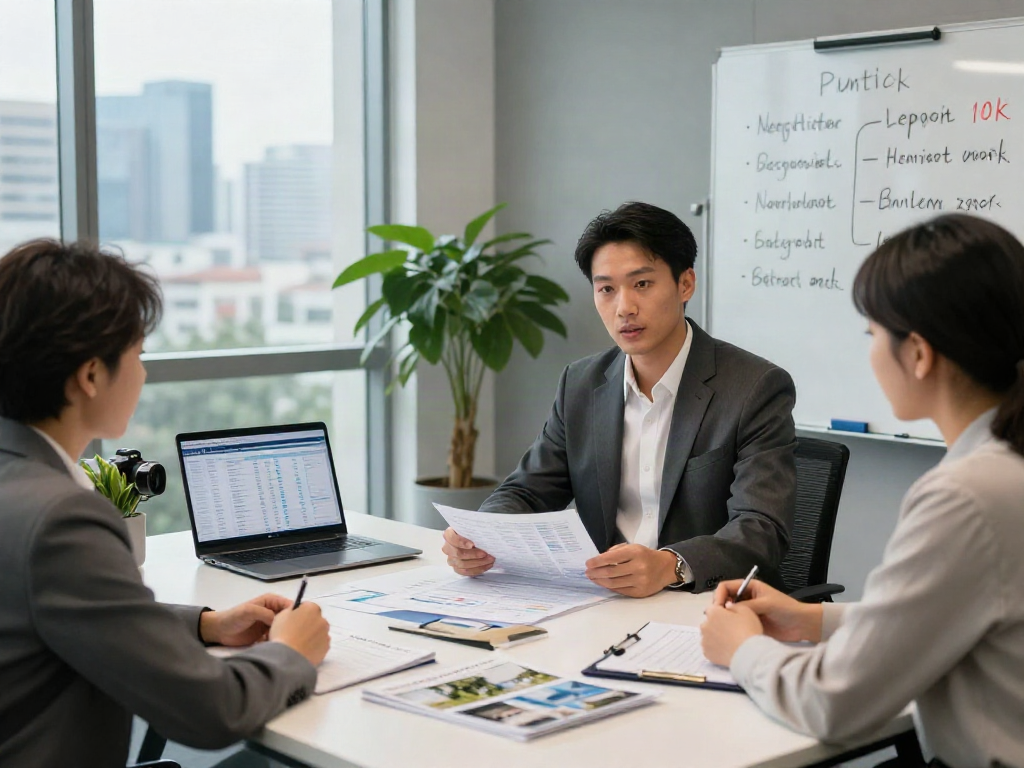 Real estate agent negotiating with clients about deposit 10k for property investment in a modern office.