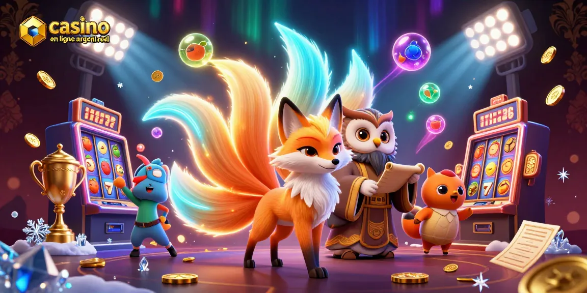 Plongez dans le monde vibrant du casino en ligne argent réel avec un renard mystique et une chouette dans une scène de jeu captivante.