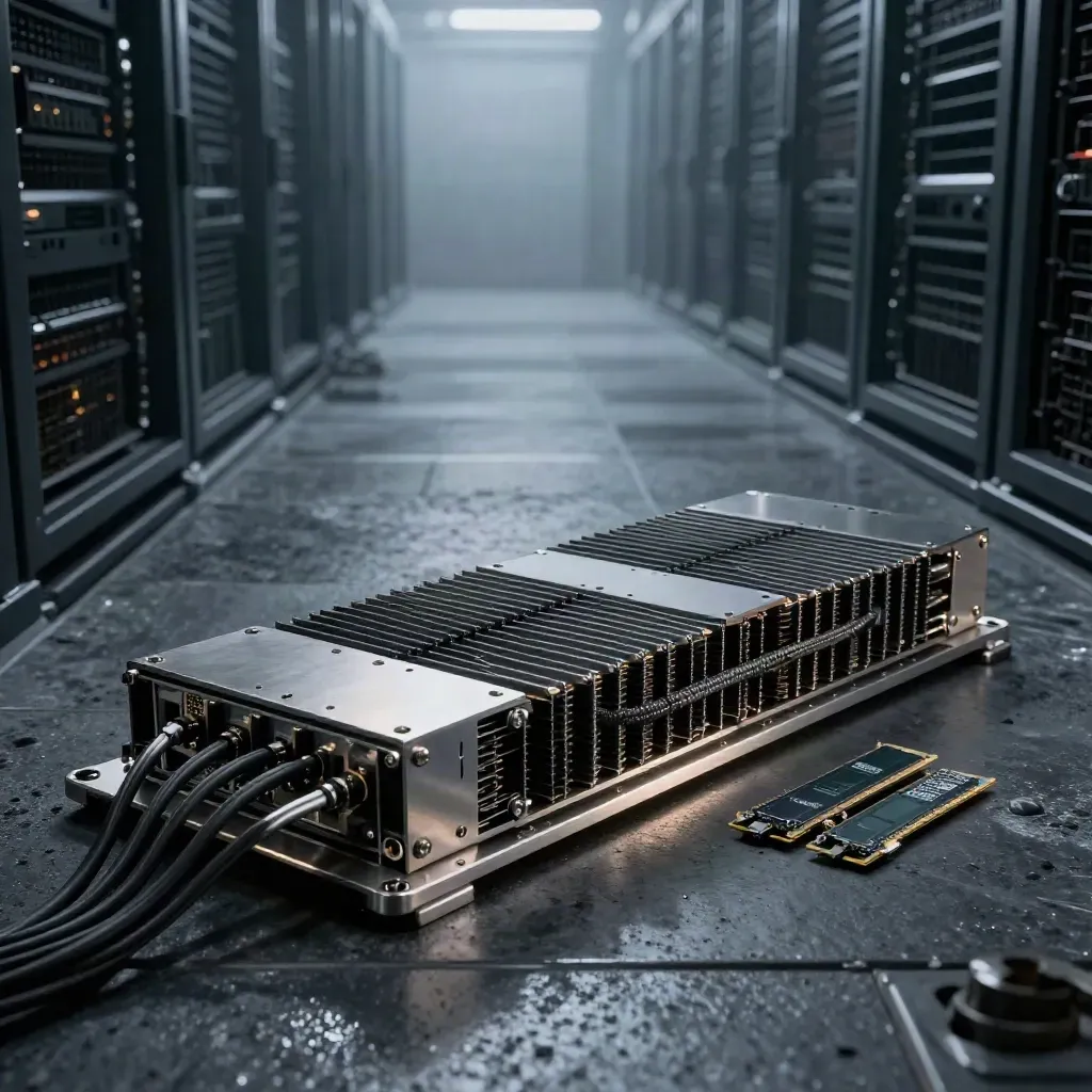 GPU compute sled on brushed metal cradle with cables and NVMe modules in a misty hero shot