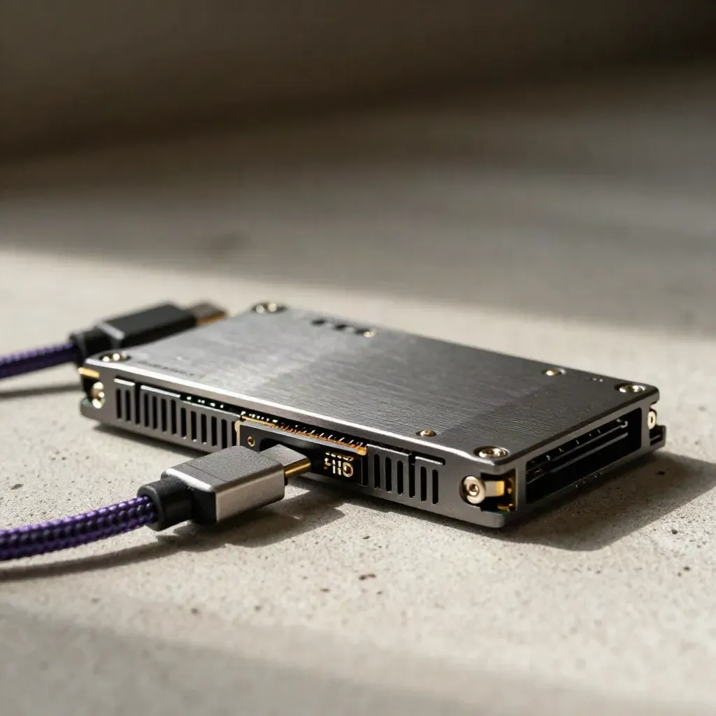 Compact compute node with two SSDs and a braided cable on pale concrete, lit dramatically