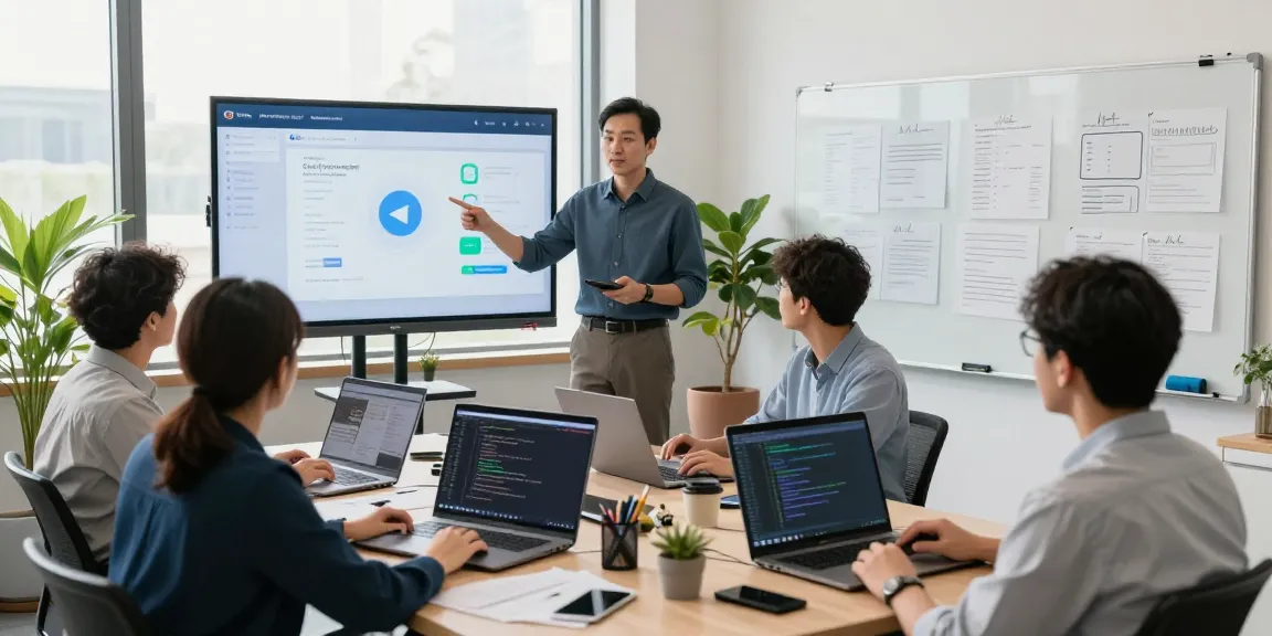 Collaboration on telegram chinese help center at modern office with diverse team engaged in project.