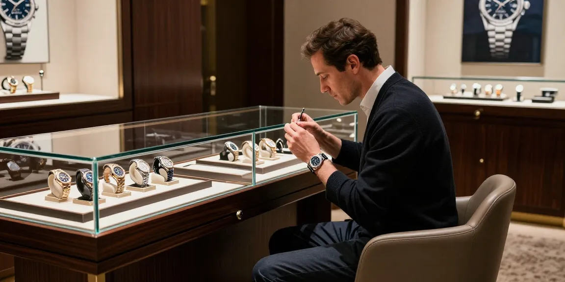Admiring replica watches at an elegant boutique showcases high-end craftsmanship.