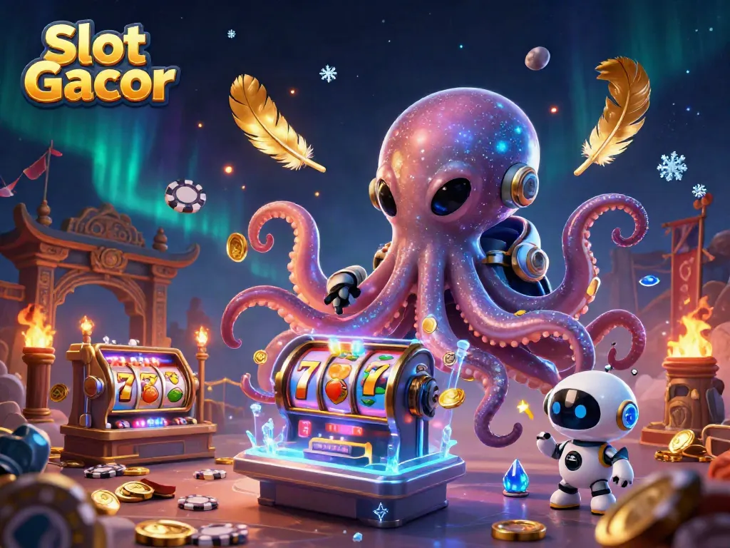 Slot Gacor menghadirkan alien octopus di mesin slot yang berkilau, dikelilingi koin emas.
