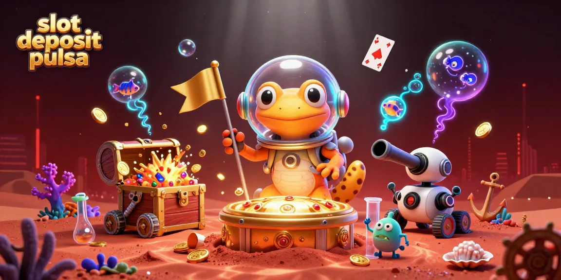 Slot deposit pulsa memperlihatkan ilustrasi 3D penuh warna dari karakter kartun gecko Mars yang menemukan kasino emas.