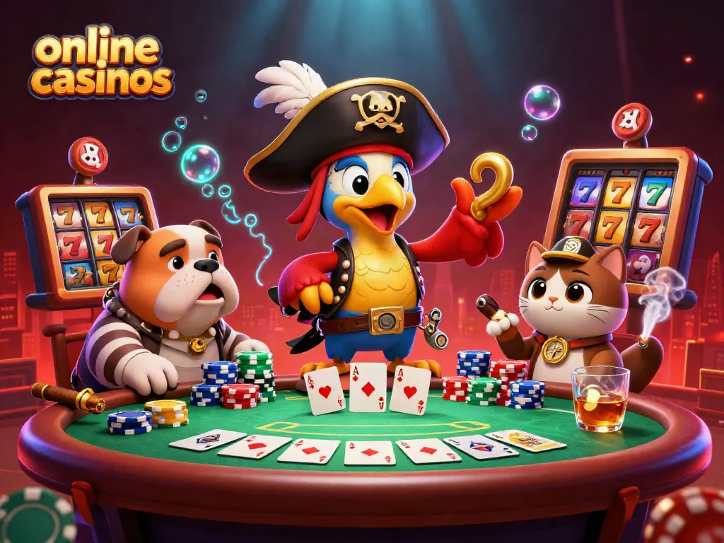 Engage with exciting online casinos featuring a pirate captain and rich game elements, vibrant colors.