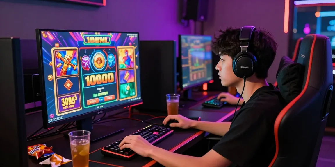 Exciting gaming setup for slot depo 1000 with vibrant graphics and engaged player.
