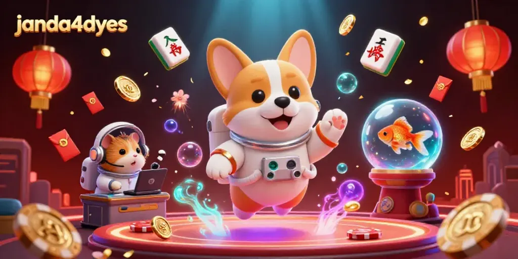 janda4dyes menampilkan kasino luar angkasa dengan karakter kartun corgi dan elemen perjudian mengambang