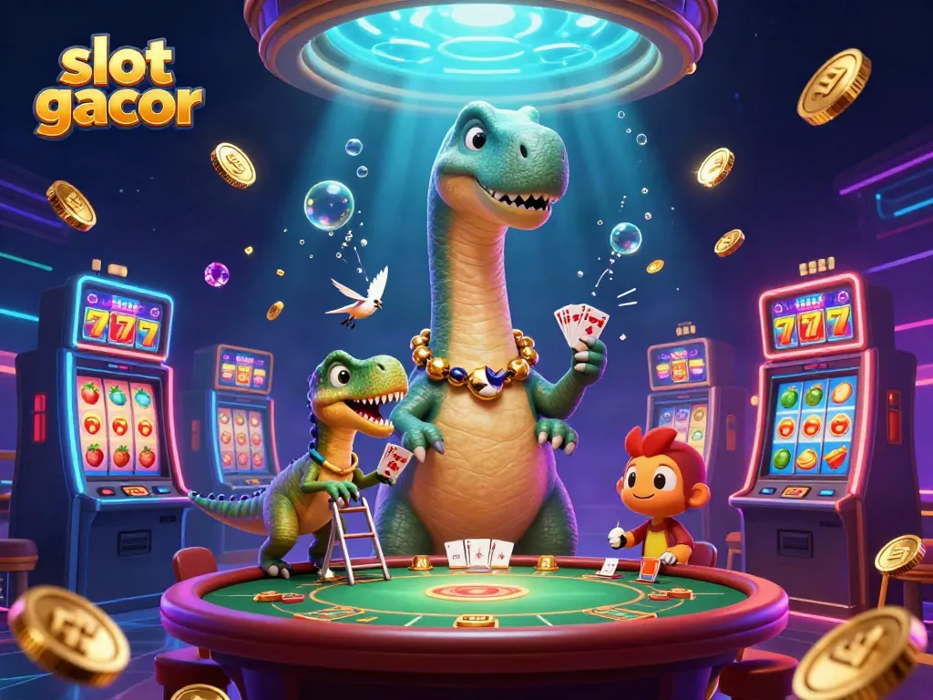 Engage with slot gacor in this vibrant casino scene featuring a giant brontosaurus and lively raptor dealers.