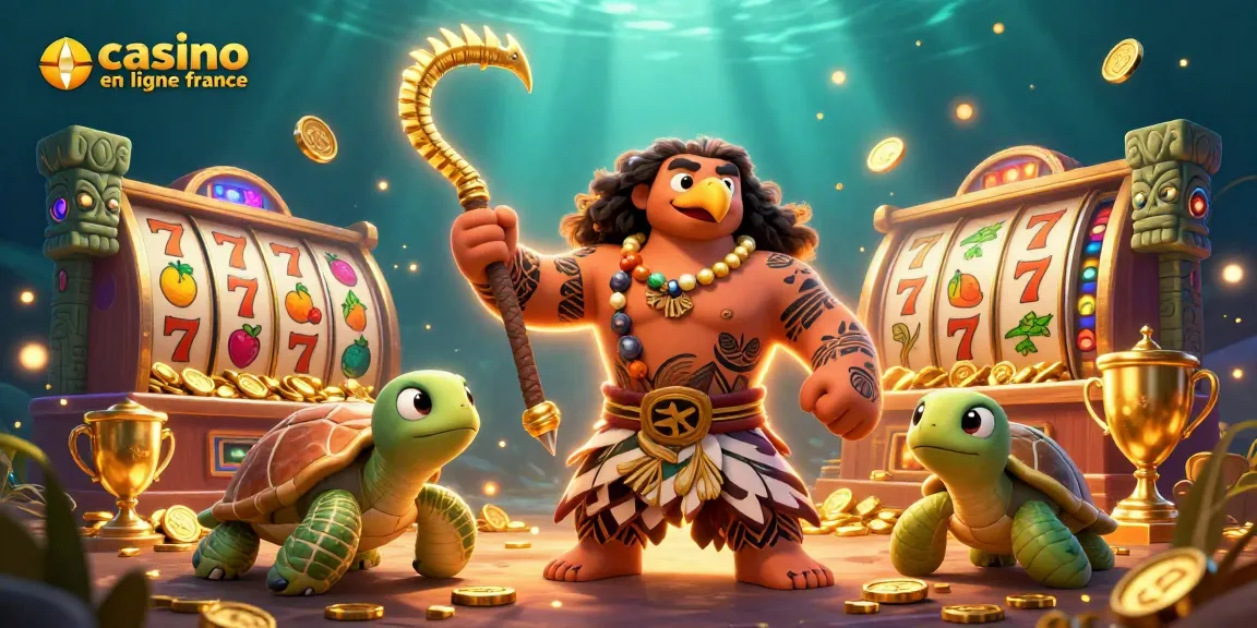 Illustration dynamique représentant un "casino en ligne france" avec un grand dieu hawaïen et une tortue, entourés d'éléments de jeu.