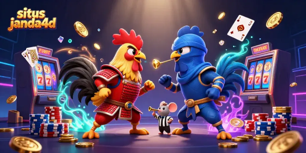 Rasakan suasana situs janda4d melalui ilustrasi pertarungan ayam 3D yang dinamis dan menarik