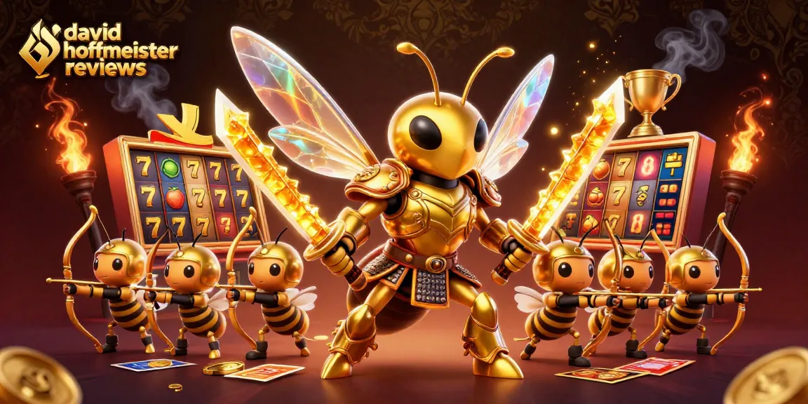 Engaging david hoffmeister reviews illustration depicts casino excitement with dynamic slots and golden elements.
