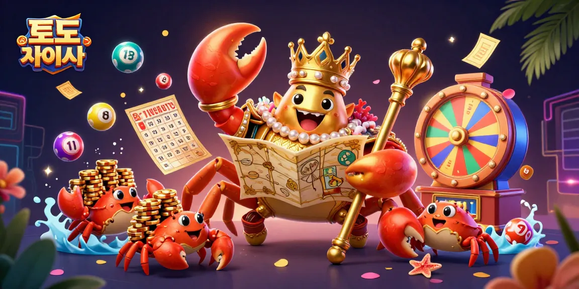 Experience the exciting 토토사이트 with a golden crab emperor amidst colorful lottery elements and vibrant gaming atmosphere.