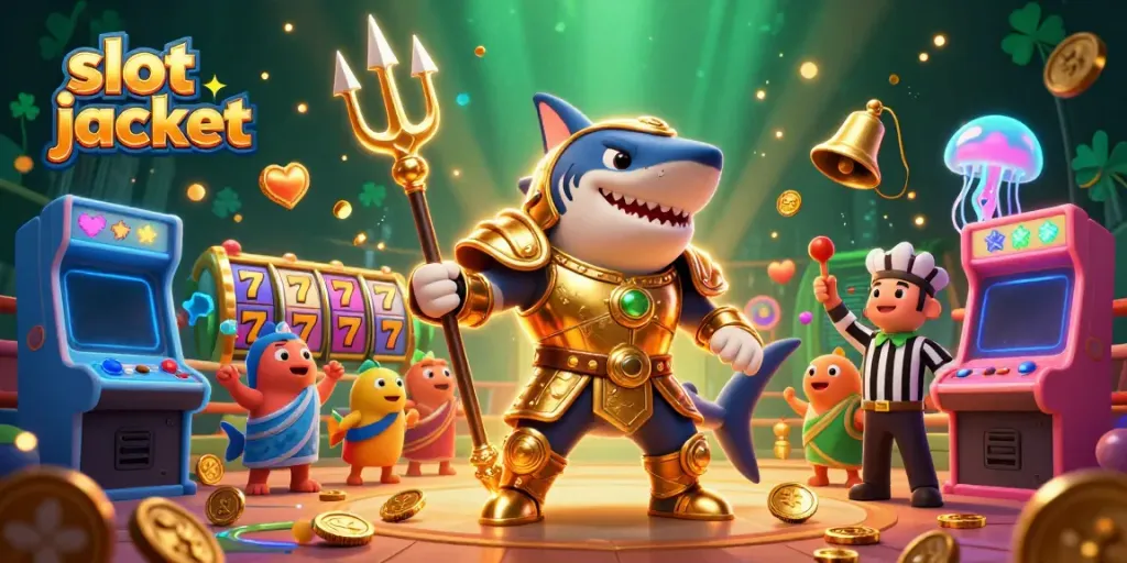 Experience excitement with slot jackpot in a dynamic underwater colosseum scene featuring a tiger shark and arcade elements.