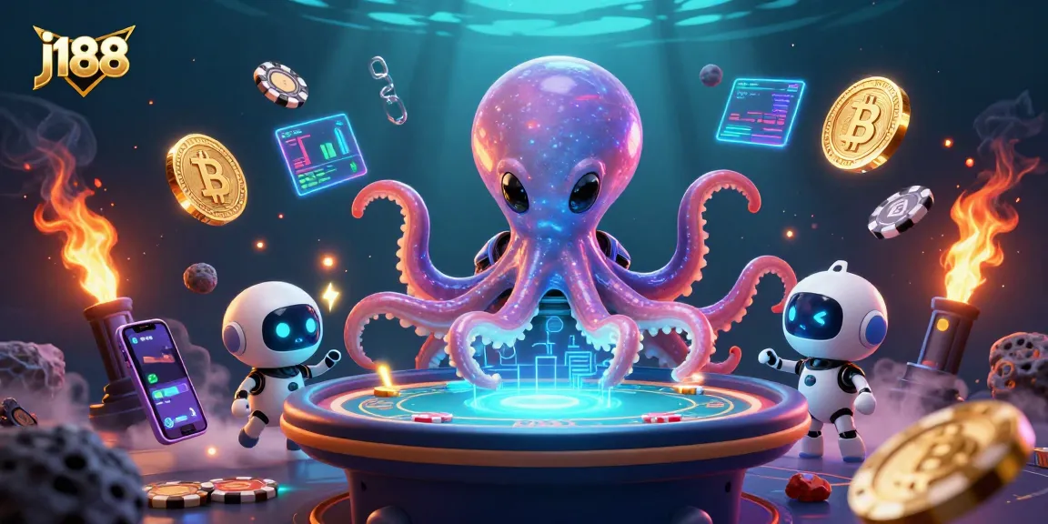Join the thrilling world of j188 poker with a cosmic alien octopus managing a holographic table!