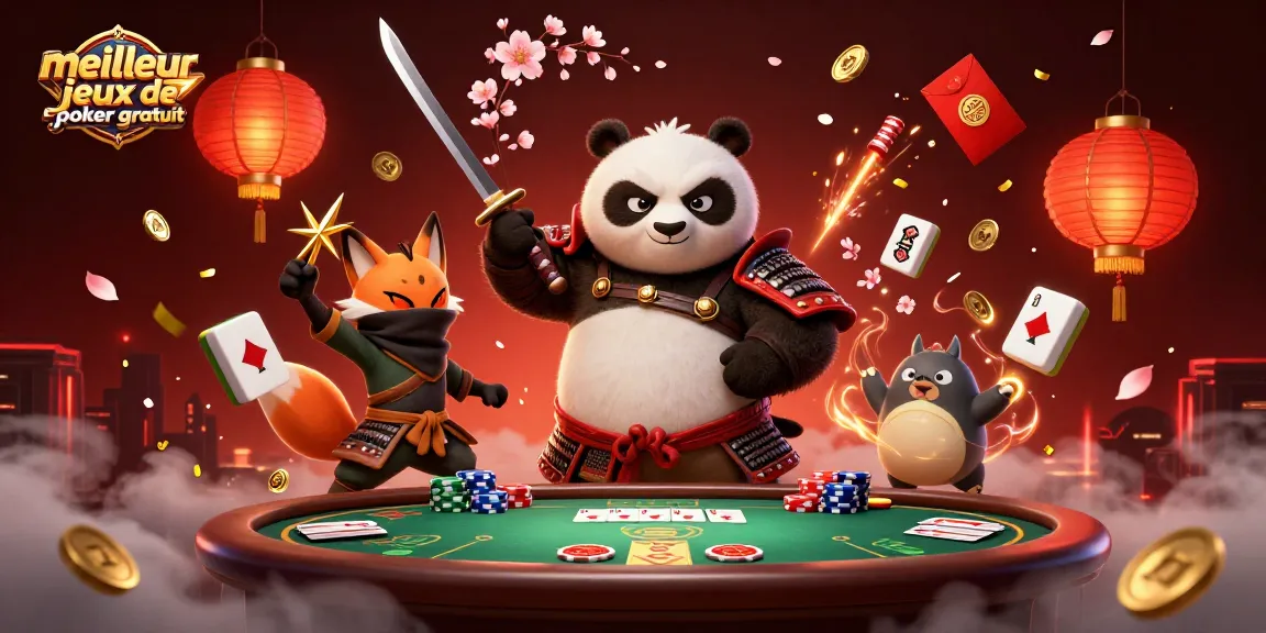 Jouez avec le meilleur jeux de poker gratuit sur cette scène magique avec un panda samouraï et un renard ninja.