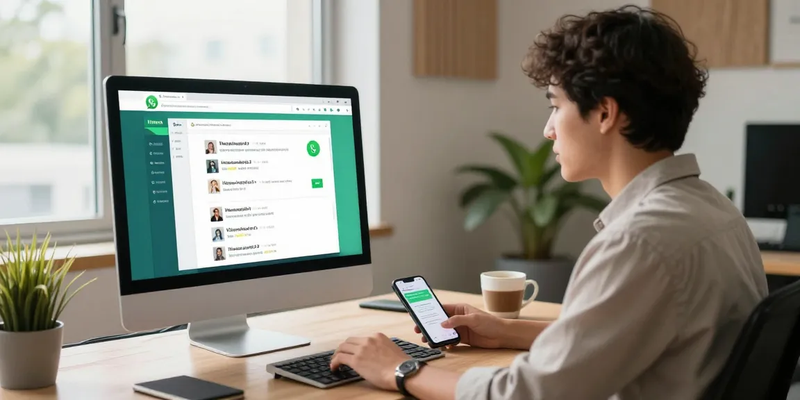 Dynamic workspace featuring a user engaging with WhatsApp網頁版 on desktop, showcasing productivity tools and a modern office environment.