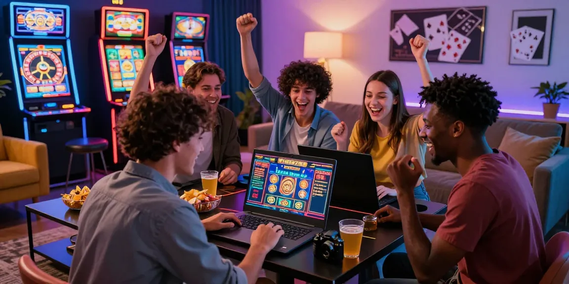 Célébration de la victoire au meilleur casino en ligne dans un cadre convivial avec des amis partageant des moments joyeux autour d'un ordinateur portable.
