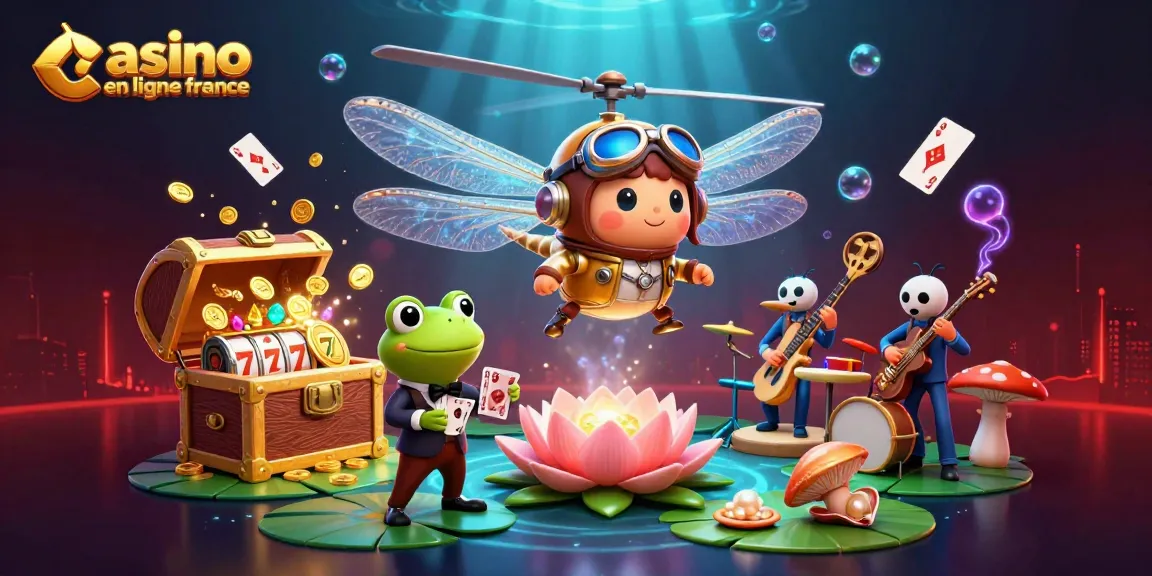 Jouez à des jeux passionnants de casino en ligne en France avec un pilote de libellule et un croupier grenouille.