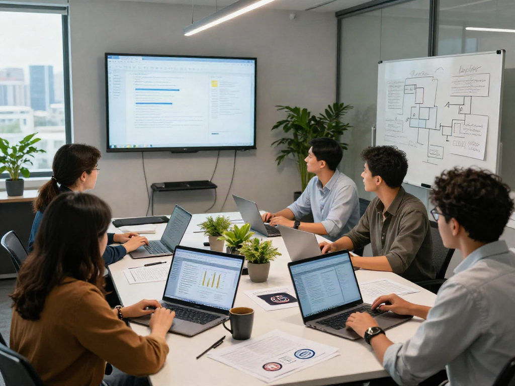 Document fraud detection analysis in a modern office with professionals collaborating over graphs and printed documents.