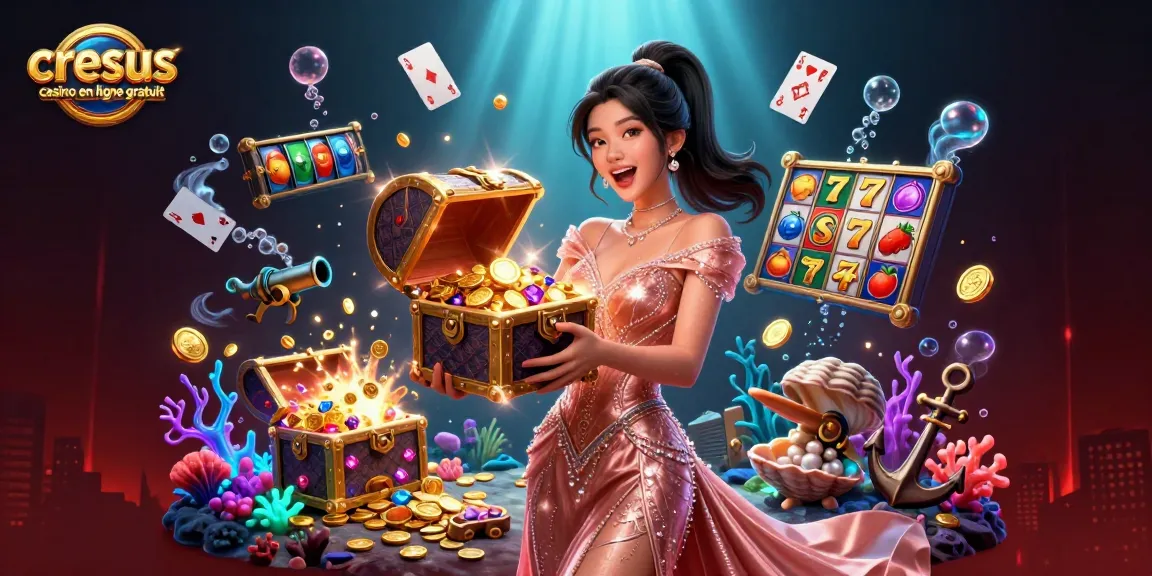 Le Cresus casino en ligne gratuit présente une femme asiatique joyeuse présentant un trésor avec des symboles de machines à sous