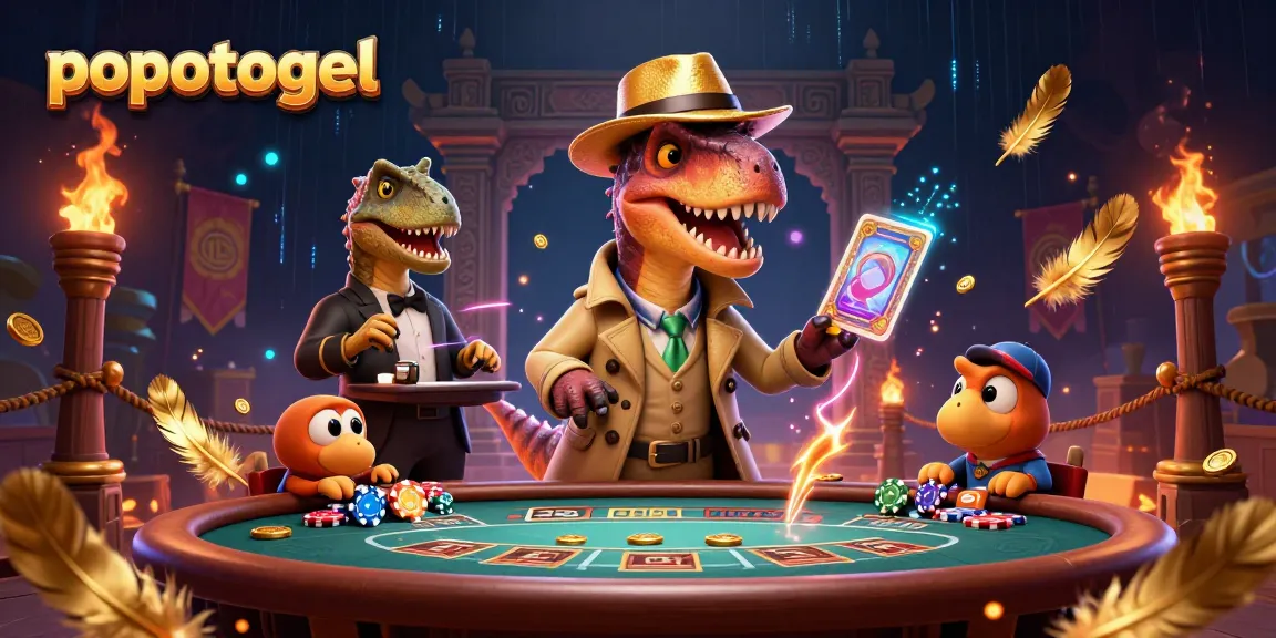 Experience thrilling wins at popotogel with a dynamic scene of playful dinosaurs at a casino table.