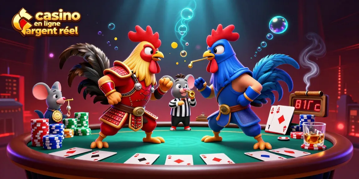 Engage in the thrill of casino en ligne argent réel with dynamic fighting roosters and poker elements