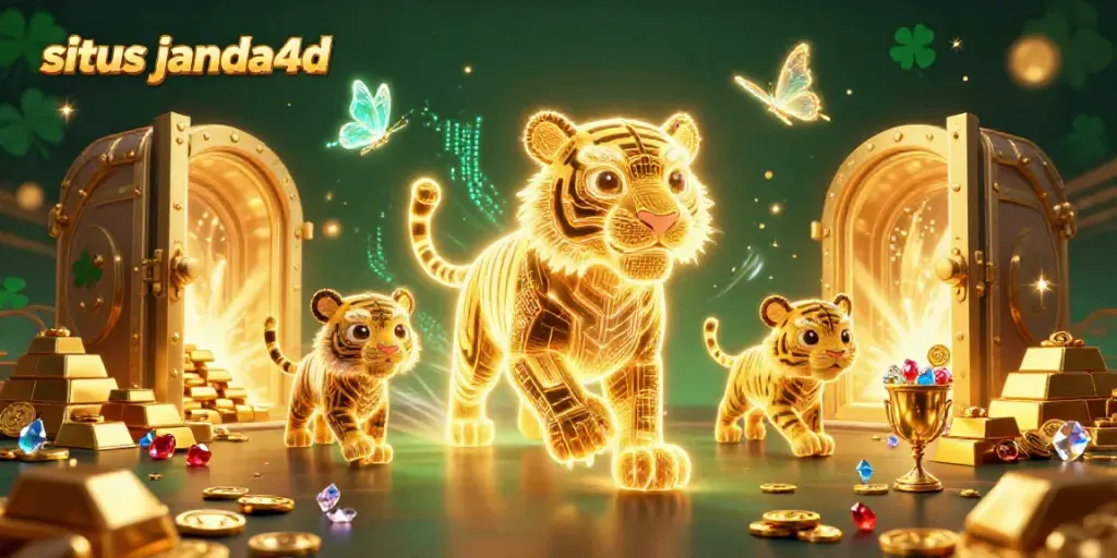 Gambarlah situs janda4d dengan harimau emas bersinar di dalam kasino digital yang megah.