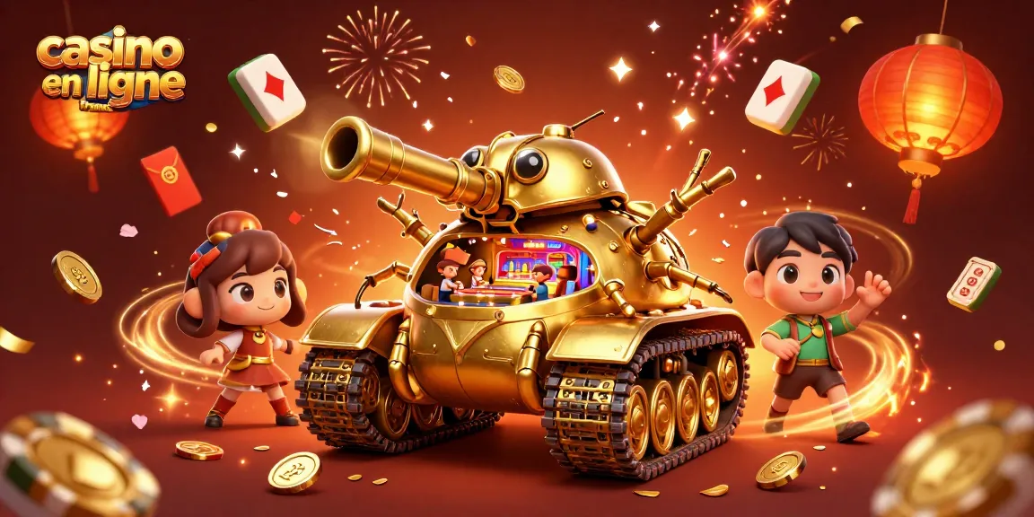 Plongez dans l'univers du casino en ligne France avec un tank doré rempli de célébrations et de jeux de hasard.