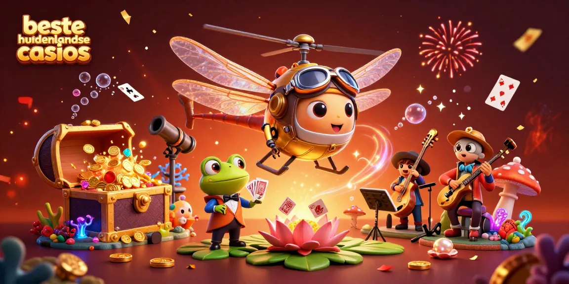 Experience the excitement of beste buitenlandse casinos with this vibrant 3D casino scene, featuring a dragonfly pilot and frog dealer.