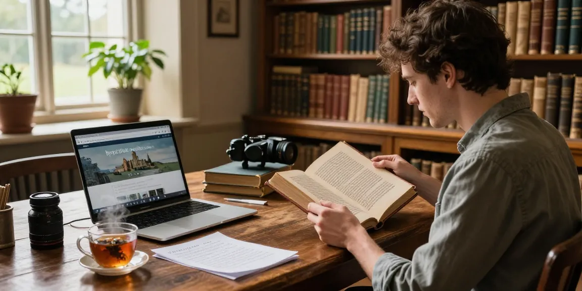 Engaged reader exploring historical content at https://tyntescastle.com in a cozy library setting.