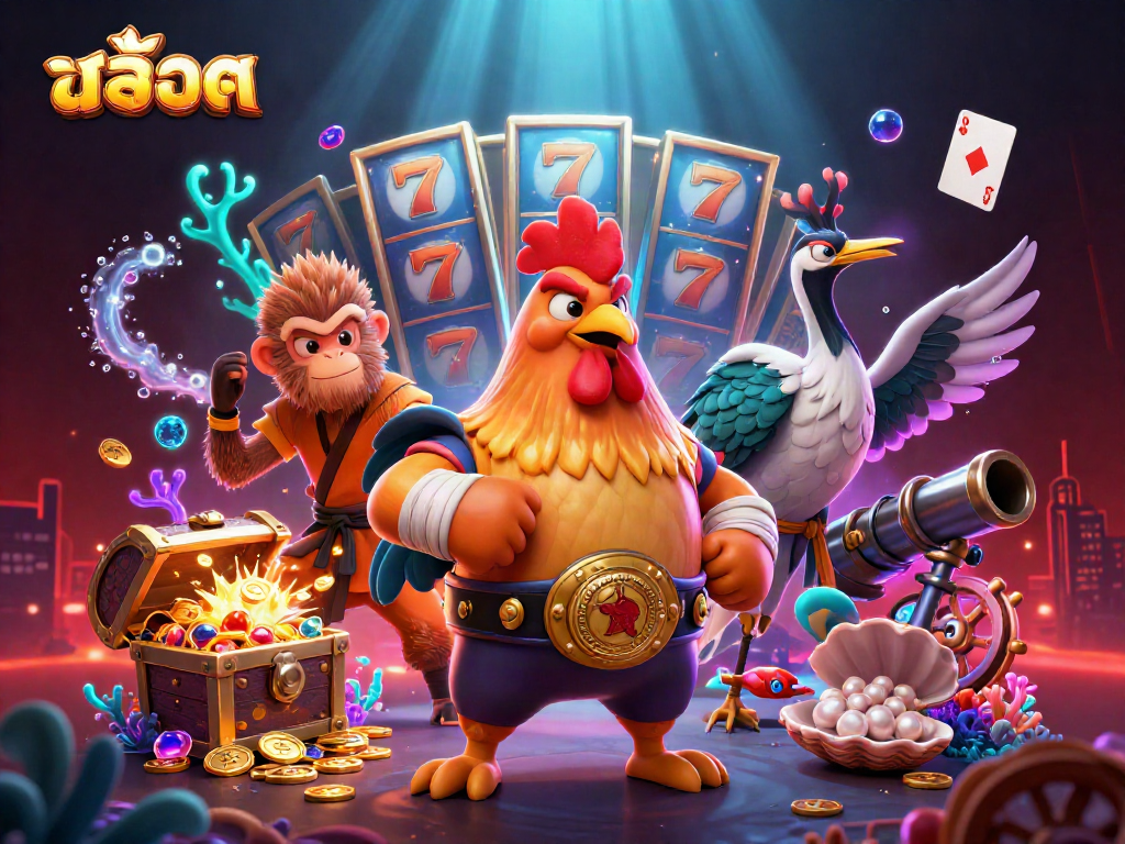 Spin potential with สล็อต in a vibrant 3D casino scene featuring mythical characters and colorful slot elements.