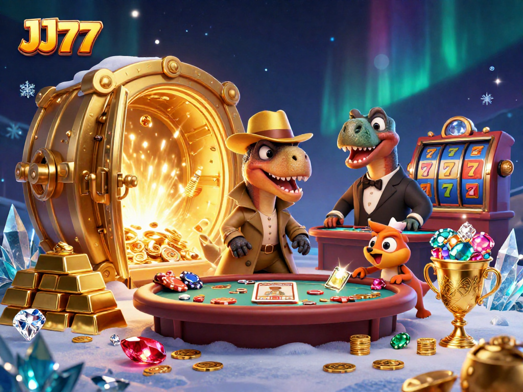 Win big at JJ77 with a clever velociraptor card counter and treasures of the casino!
